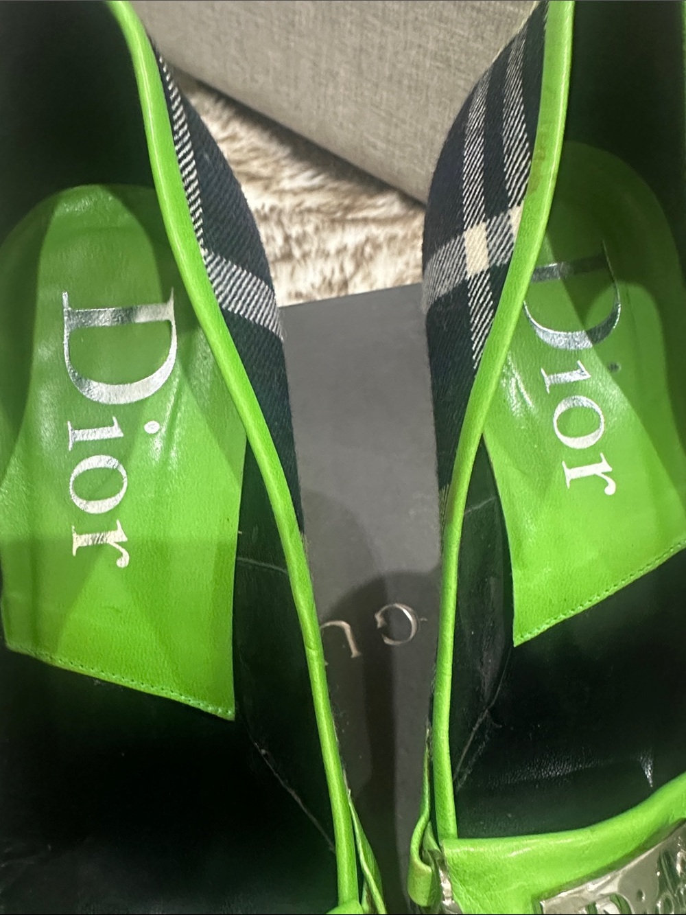 Dior Green Plaid Fringe Chain Loafer Pumps - Picture 2 of 8